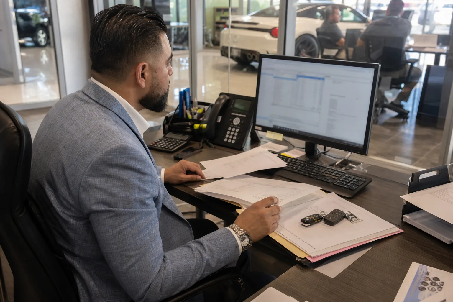 Dealership F&I manager checking a buyer file next to a printed deal jacket