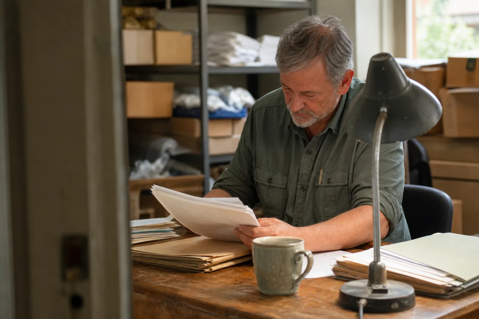Nonprofit grants manager sorting partner files and field reports before sending grant funds