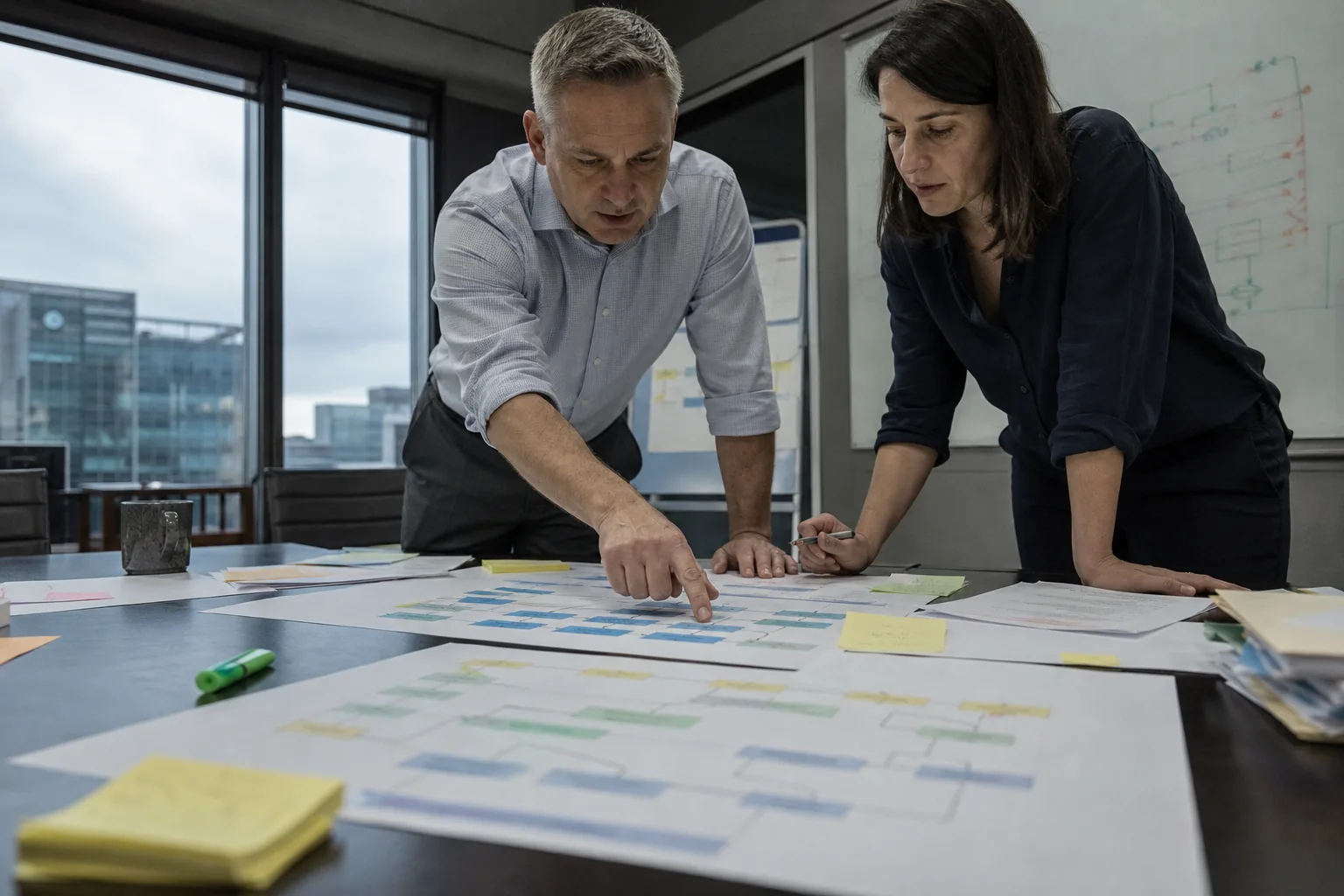 Two analysts tracing a printed company ownership chart on a meeting table