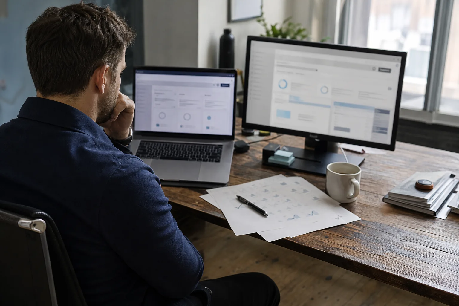 Compliance manager comparing two sanctions screening tools on a laptop and a monitor