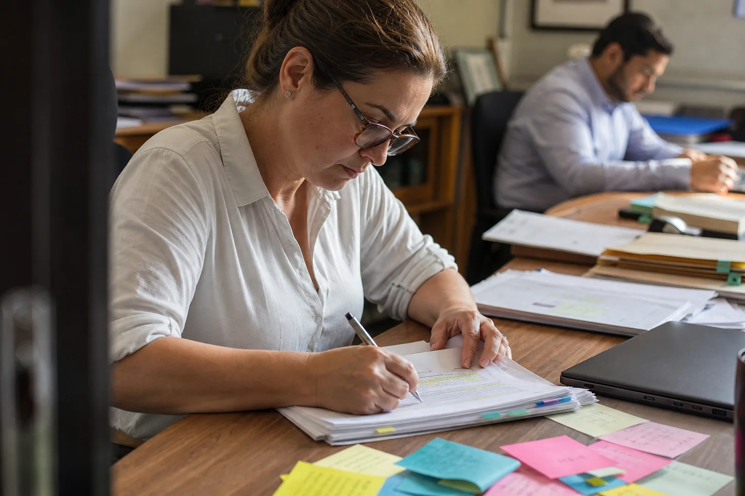 Compliance analyst marking up a screening vendor contract at her desk