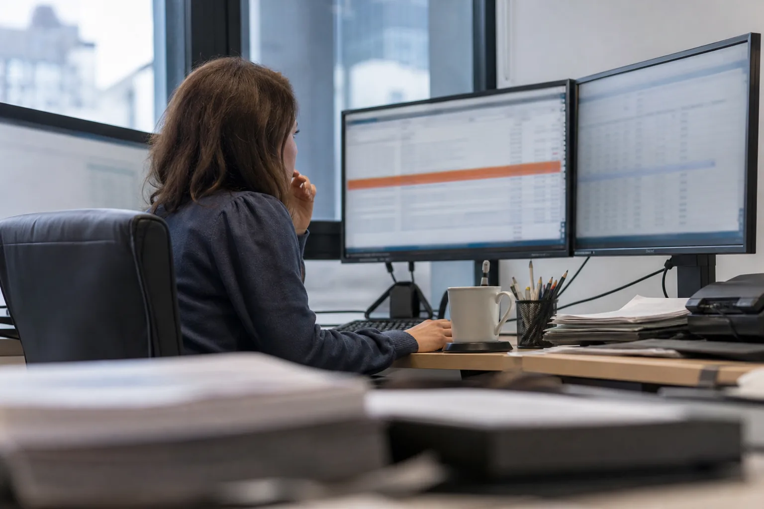 Compliance analyst reviewing a screening result on two monitors in a bright office