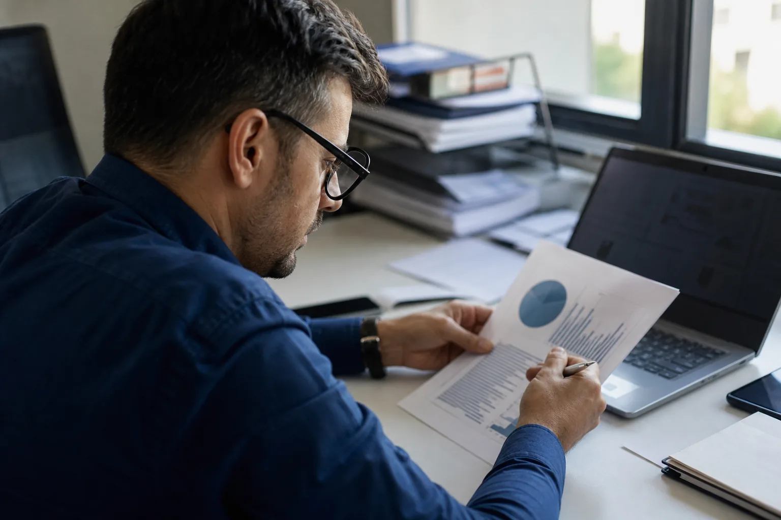 Auditor comparing a printed evidence record with a laptop
