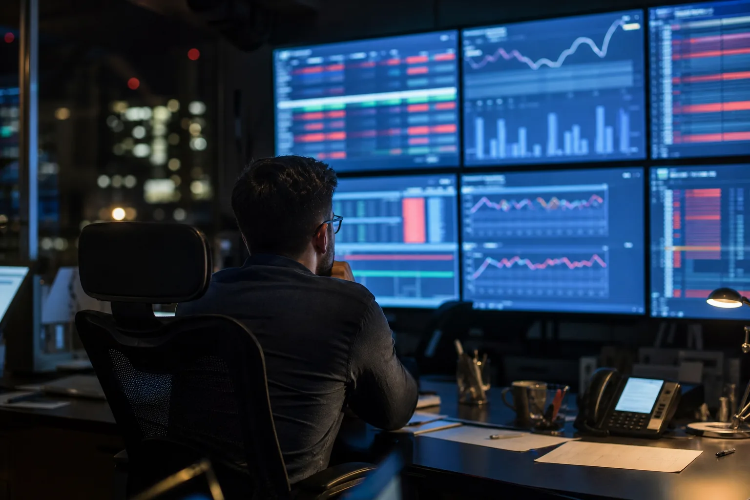 Operations desk at night with monitors showing live alerts