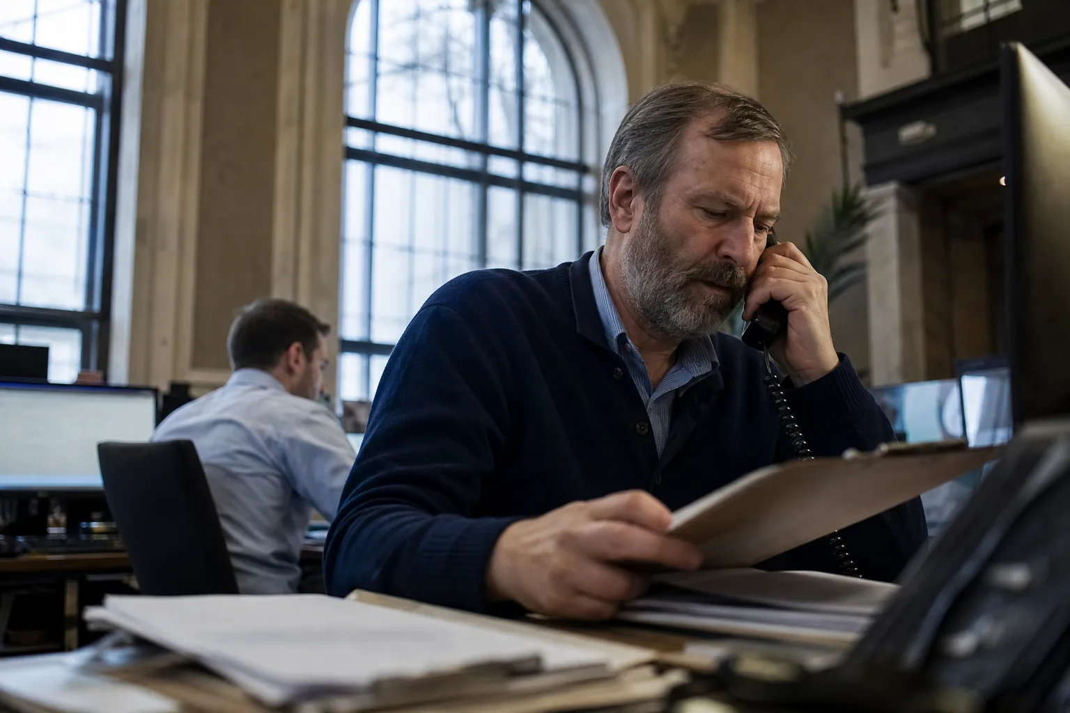 Treasury officer checking an outgoing wire transfer form by a tall window