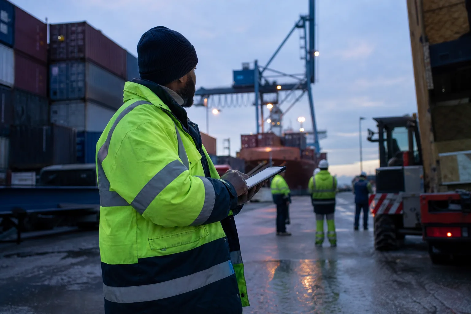 Logistics manager with a tablet at a container port before a shipment