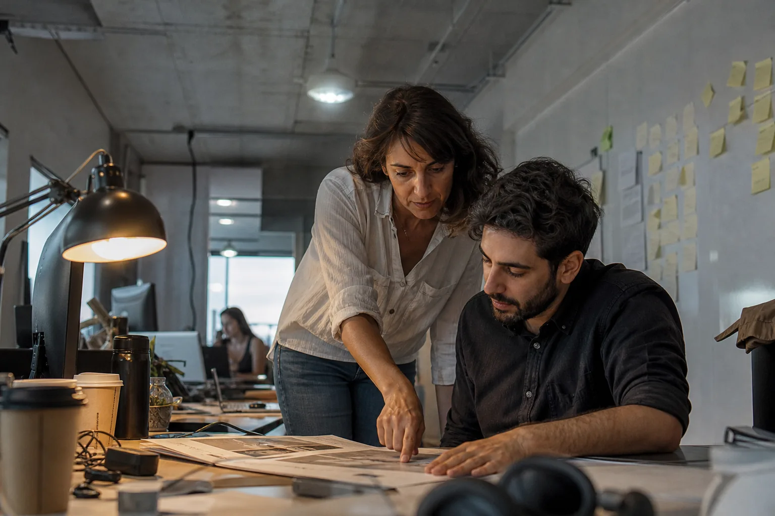 Two compliance colleagues reviewing a possible match on a printout at a cluttered desk