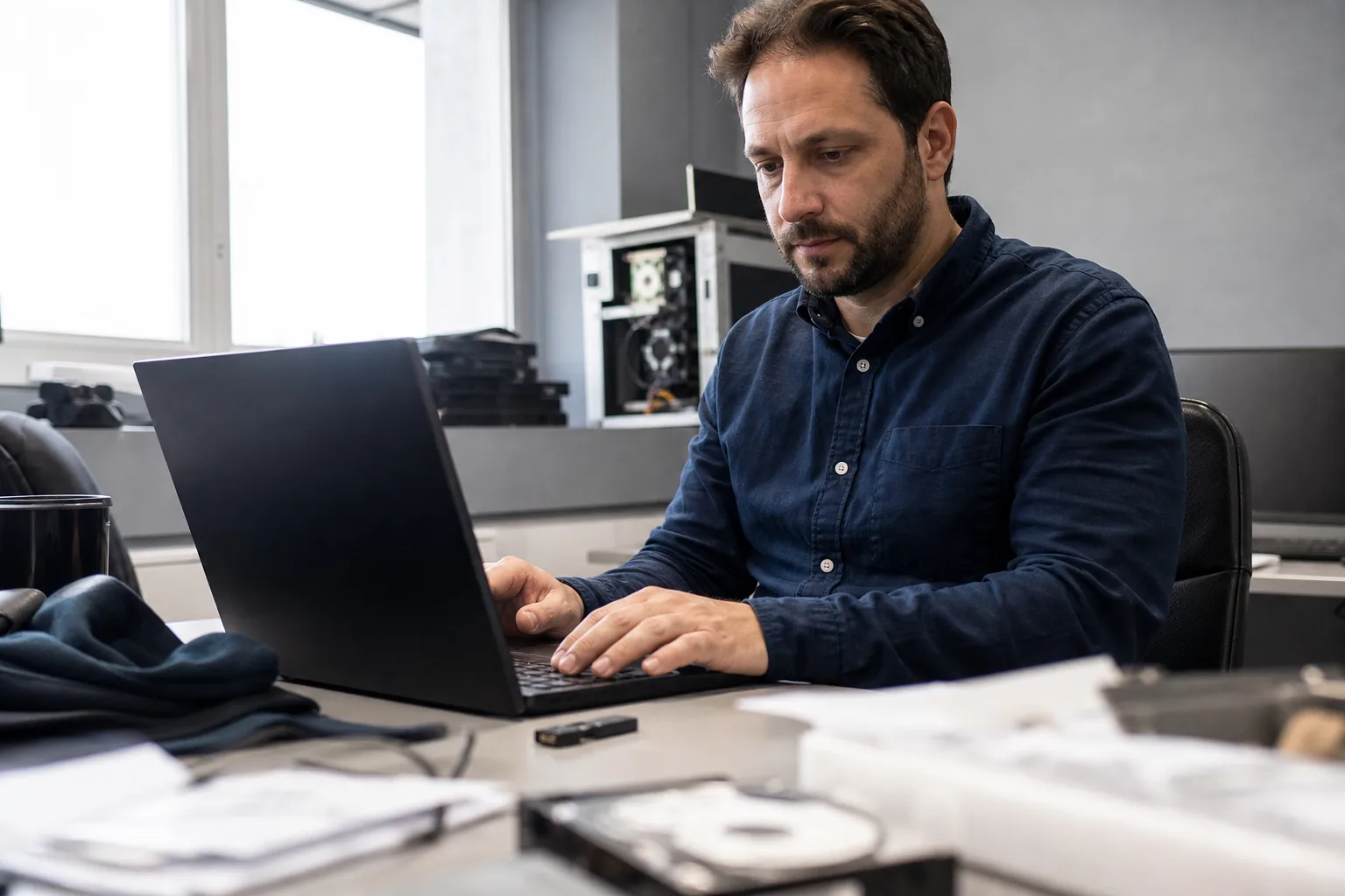 Security lead reviewing access settings with a hardware key on the desk
