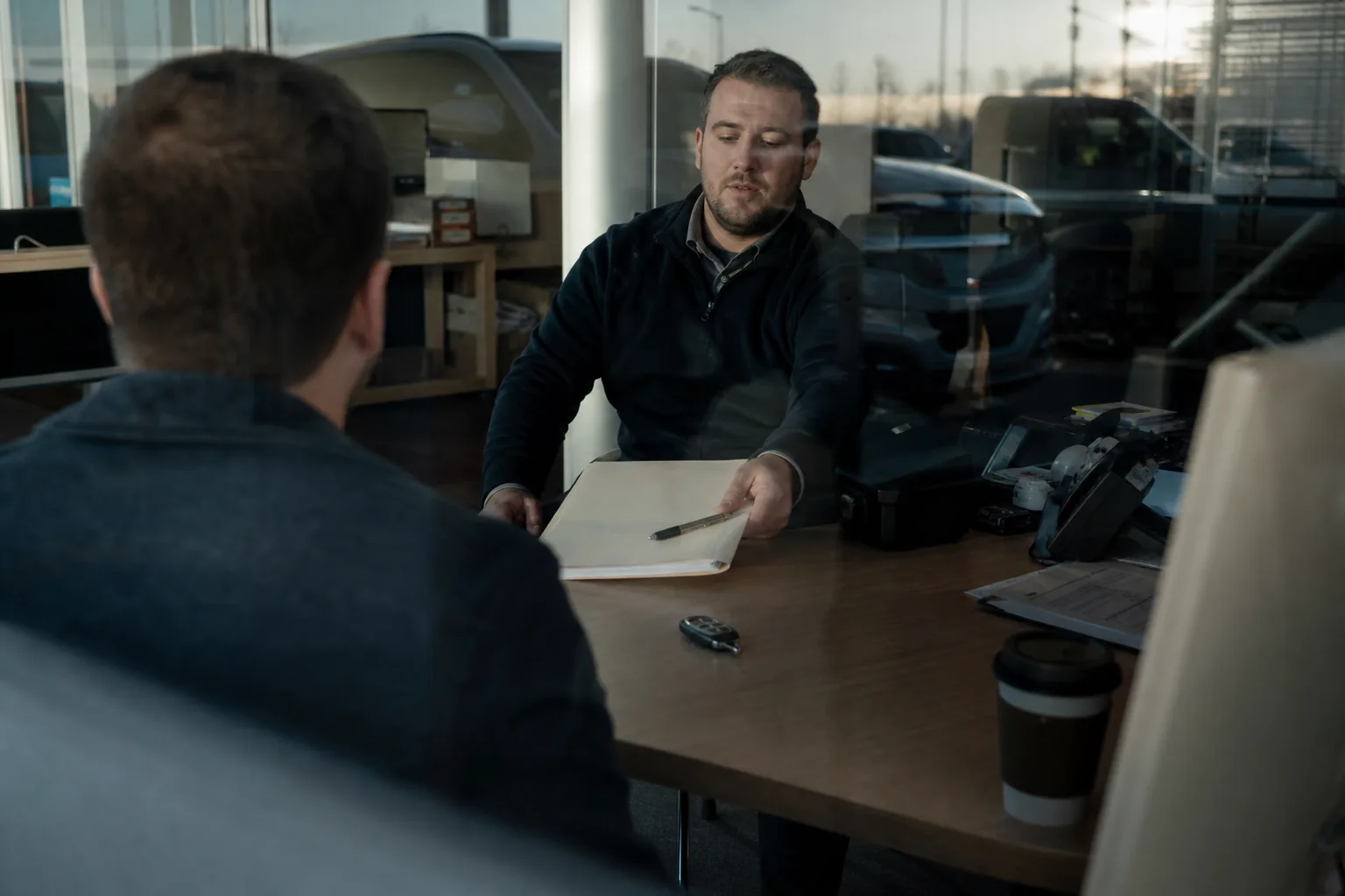F&I manager at a car dealership reviewing paperwork with a buyer