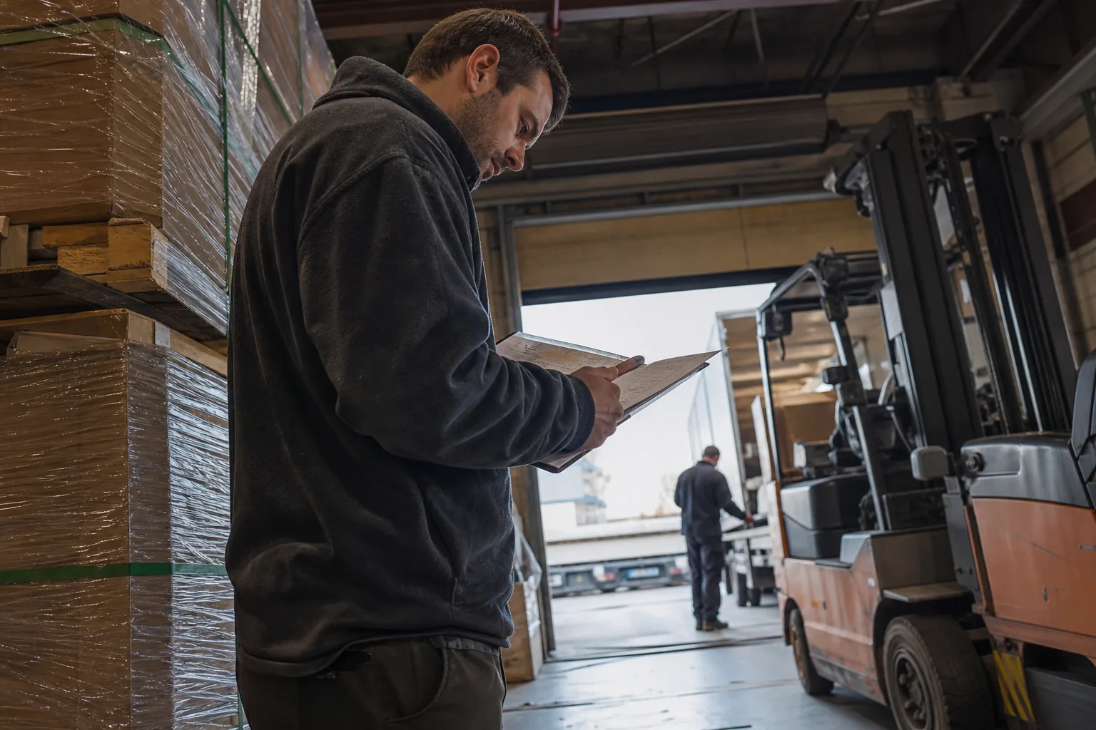 Export manager checking shipping documents next to packed pallets