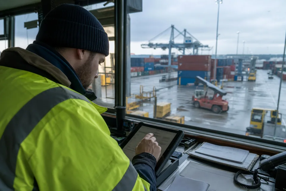 Freight dispatcher reviewing shipment documents at a container terminal