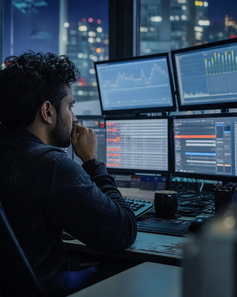 Compliance team reviewing a monitoring alert on a large office screen