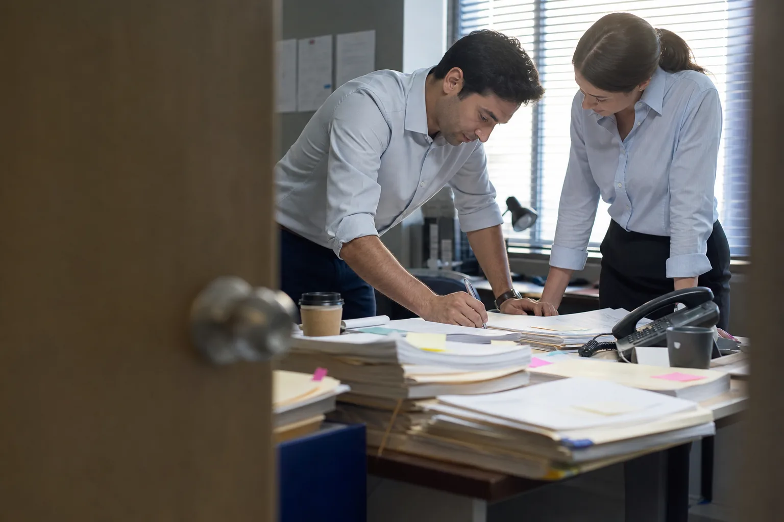 Two compliance analysts reviewing a possible match together on dual monitors